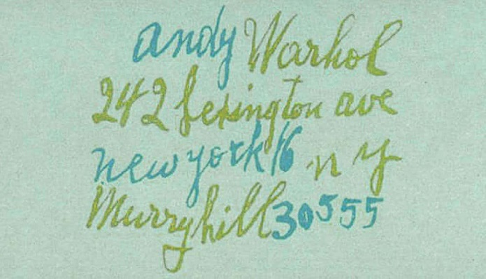 Визитка Энди Уорхола - просто его контакты, написанные его почерком 